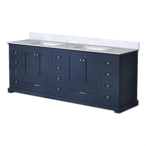 Lexora Home Dukes 84&quot Carrara Marble Top Double Vanity with Sinks in Navy Blue