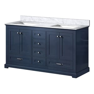 Lexora Home Dukes 60&quot Carrara Marble Top Double Vanity with Sinks in Navy Blue