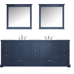 Lexora Home Dukes 84&quot Carrara Marble Top Double Vanity in Navy Blue