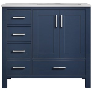 Lexora Home Jacques 36&quot Carrara Marble Top Single Vanity with Sink in Navy Blue