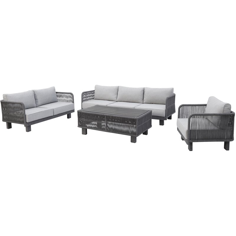 Cancun Aluminum Deep Seating Set with Dark Gray Rope in Silver Cushion