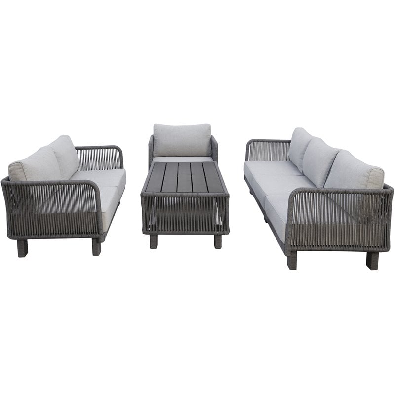 Cancun Aluminum Deep Seating Set with Dark Gray Rope in Silver Cushion