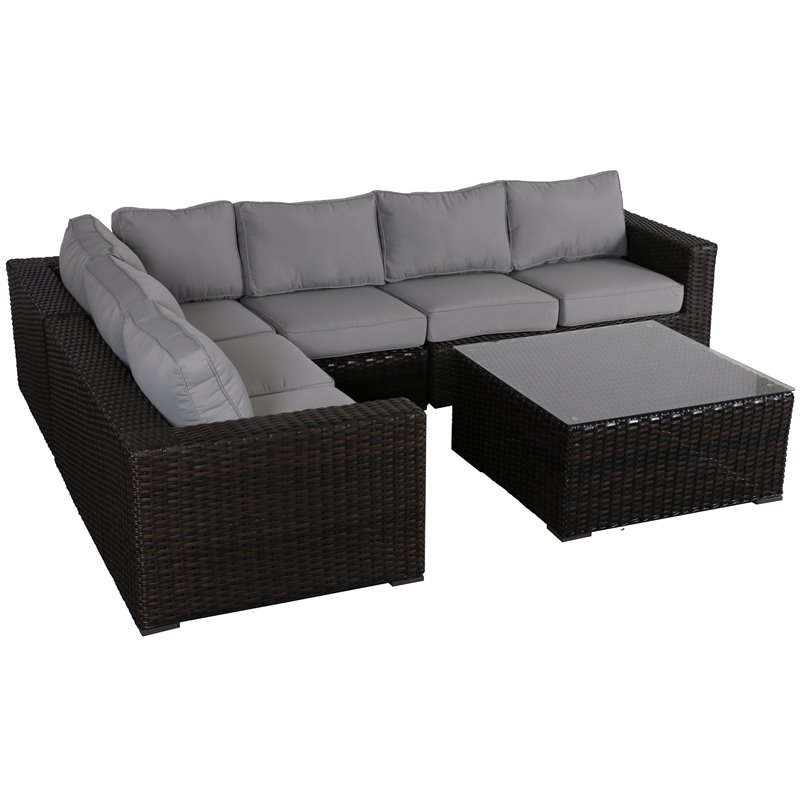 Santa Monica Sectional Set in Tan Fabric Espresso Brown Frame/Gray Cushion