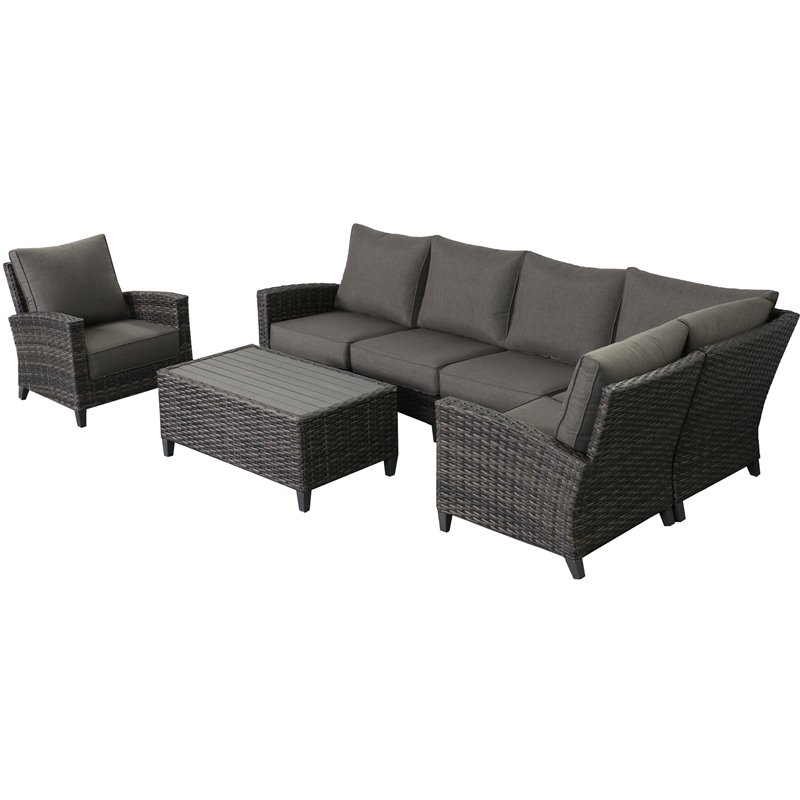 Barbados 5-PC Two-Tone Wicker Sectional Set with Club Chair in Charcoal Cushion