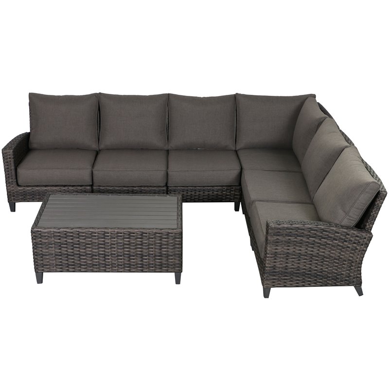 Barbados 6-PC Two-Tone Wicker Sectional Set with Coffee Table Charcoal Cushion