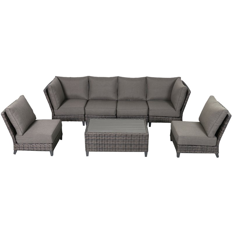 Barbados 6-PC Two-Tone Wicker Sectional Set with 2 Corners in Charcoal Cushion