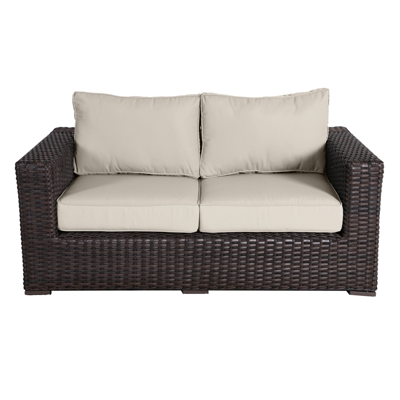 Santa Monica Wicker Rattan Love Seat in Espresso Brown Frame/Light Beige Cushion