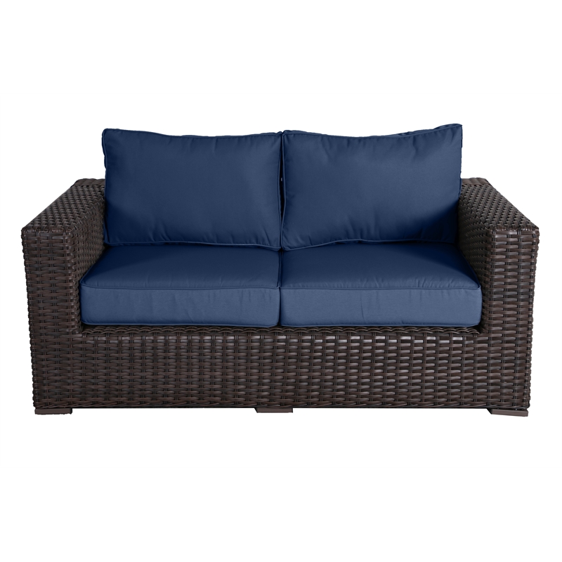 Santa Monica Wicker Rattan Love Seat in Espresso Brown Frame/Navy Cushion