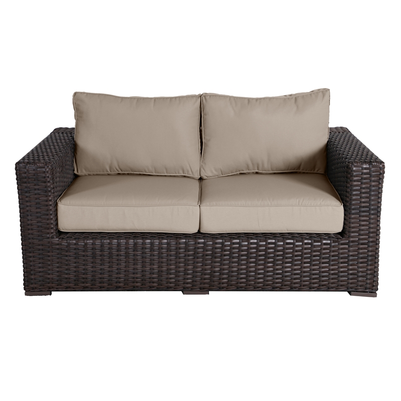 Santa Monica Wicker Rattan Love Seat in Espresso Brown Frame/Wheat Cushion