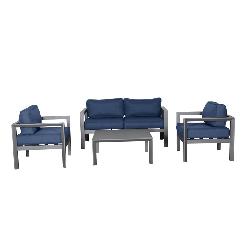Cabo Aluminum Loveseat Set with Gray Frame in Navy Cushion
