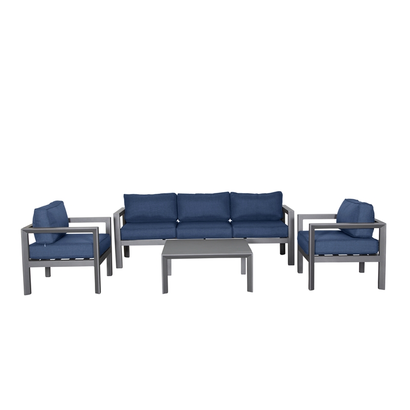 Cabo Aluminum Sofa Set with Gray Frame in Navy Cushion