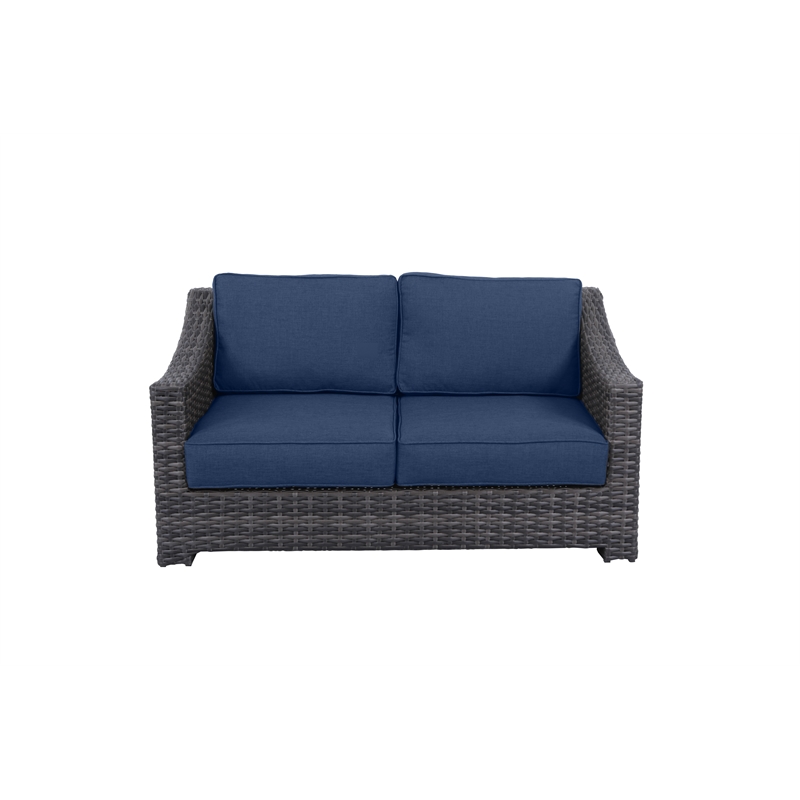 Bora Bora Two-Tone Wicker Rattan Loveseat in Navy Cushion