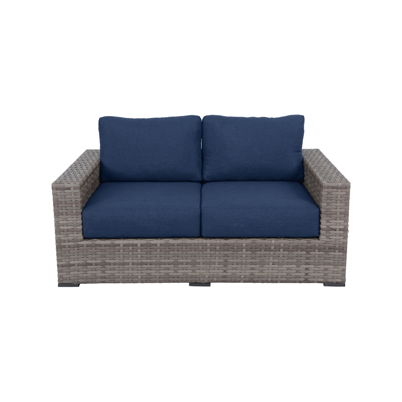 Bali Silver/Gray Two-Tone Wicker Loveseat in Navy Cushion