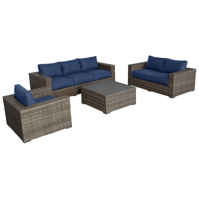 Bali Silver/Gray Two-Tone Wicker Deep Seating Set in Navy Cushion