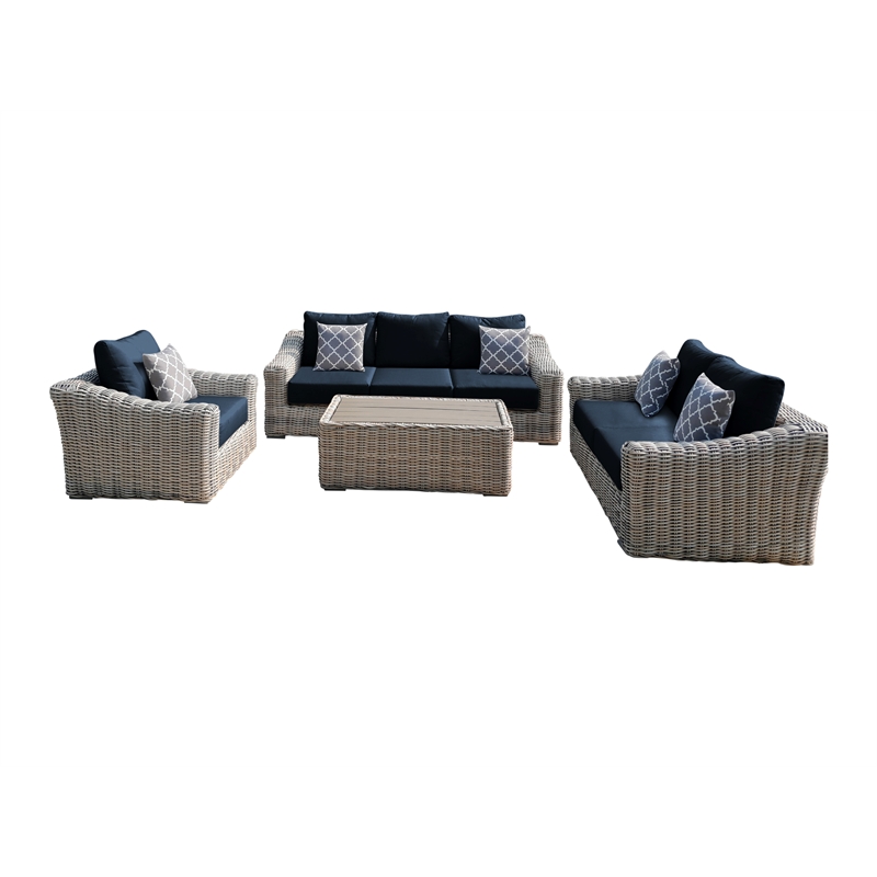 Hawaii Three-Tone Wicker Deep Seating Set in Blue Cushion