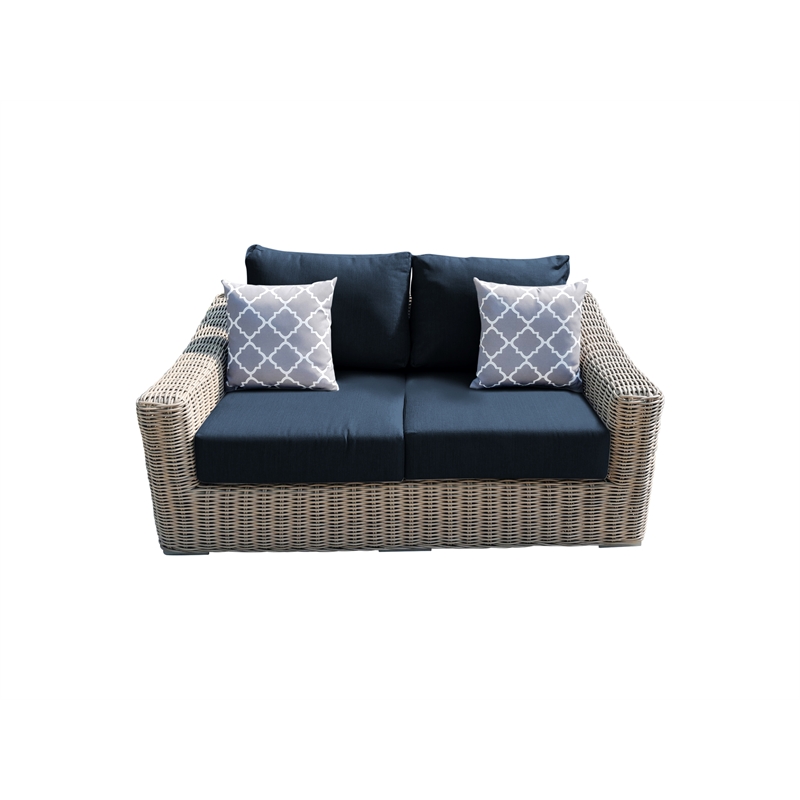 Tulum Two-Tone Dark Beige Aluminum Frame Loveseat in Blue Cushion