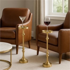 New Ridge Home Goods Set of 2 Round Accent Drink Tables- Antique Brass