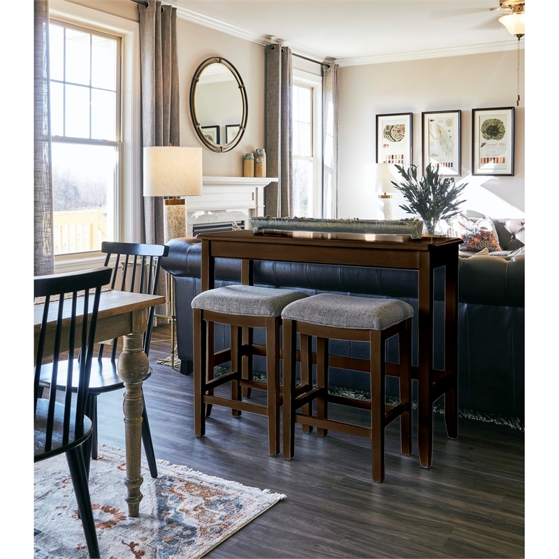 New Ridge Home Goods Traditional Wood Sofa Table with Two Stools in Espresso