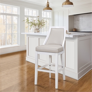 Ellis Swivel 31&quotH Bar Stool Tall Back- Alabaster White- Gray Faux-Leather Seat