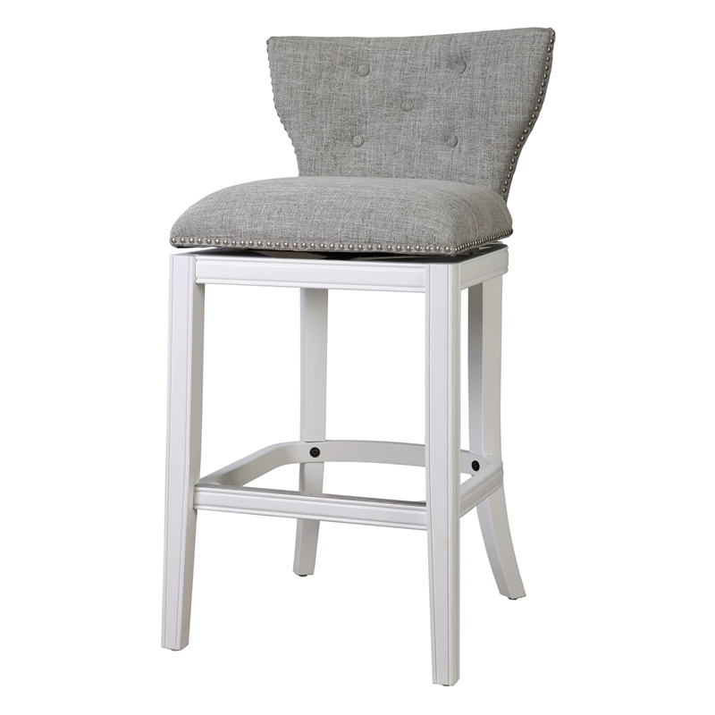 Stella 31in. Bar-Height White Swivel Bar Stool with Gray Upholstery