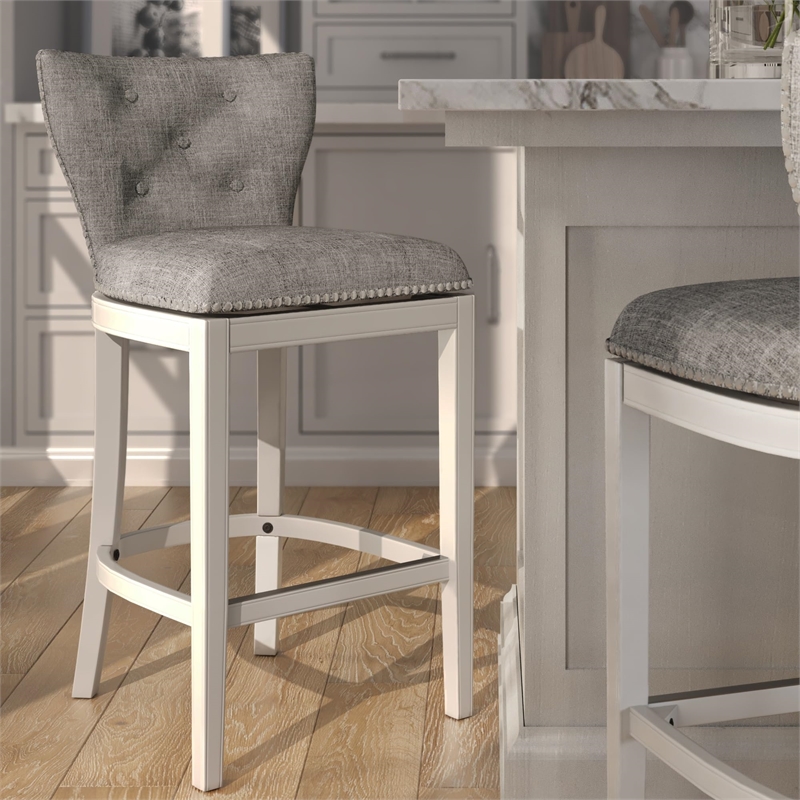 Stella 31in. Bar-Height White Swivel Bar Stool with Gray Upholstery