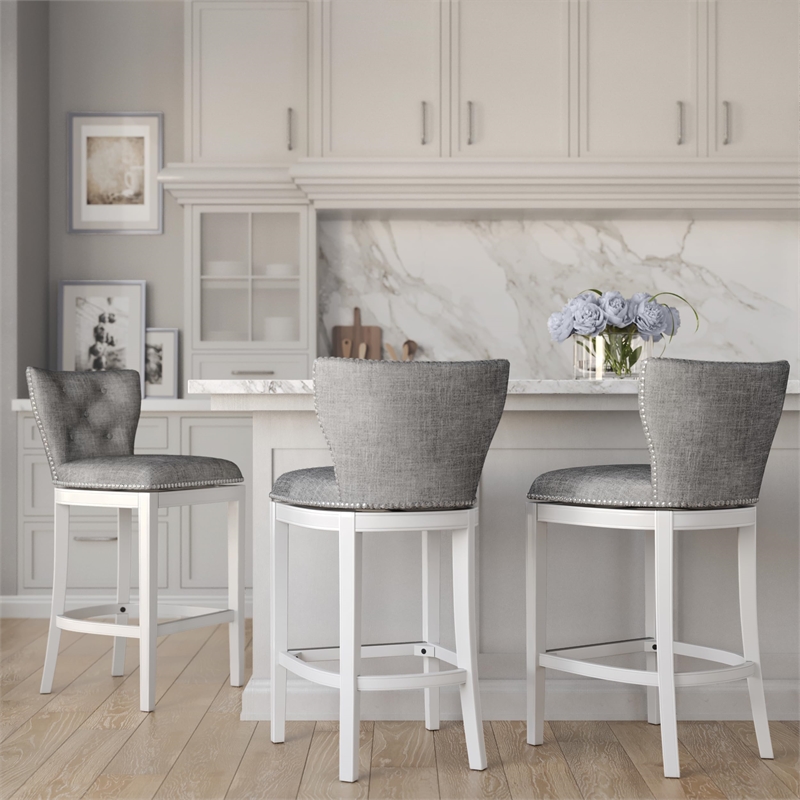 Stella 31in. Bar-Height White Swivel Bar Stool with Gray Upholstery