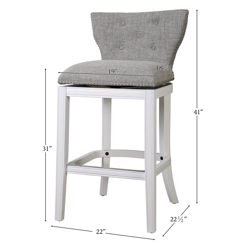 Stella 31in. Bar-Height White Swivel Bar Stool with Gray Upholstery
