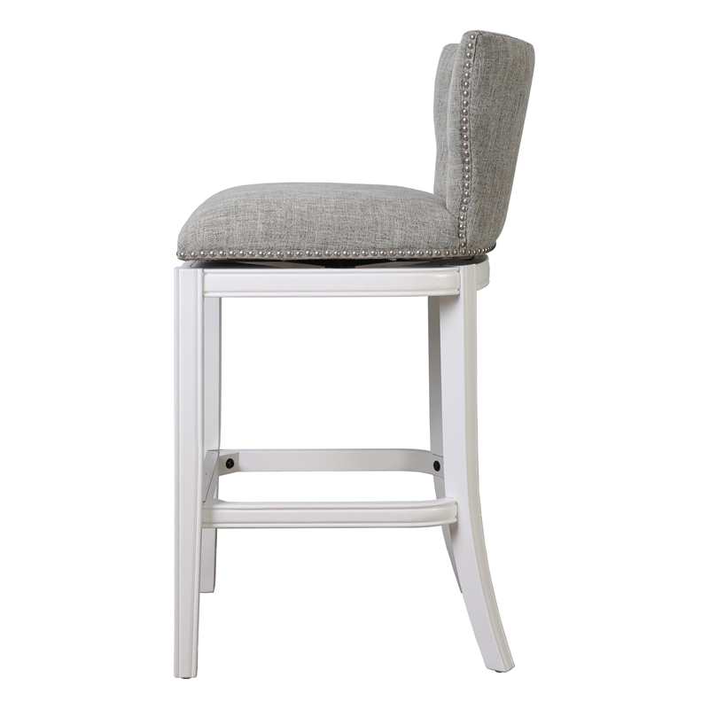 Stella 31in. Bar-Height White Swivel Bar Stool with Gray Upholstery