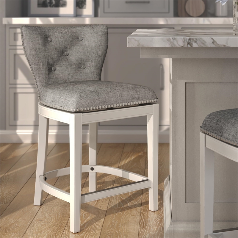 Stella 26in. Counter-Height White Swivel Bar Stool with Gray Upholstery