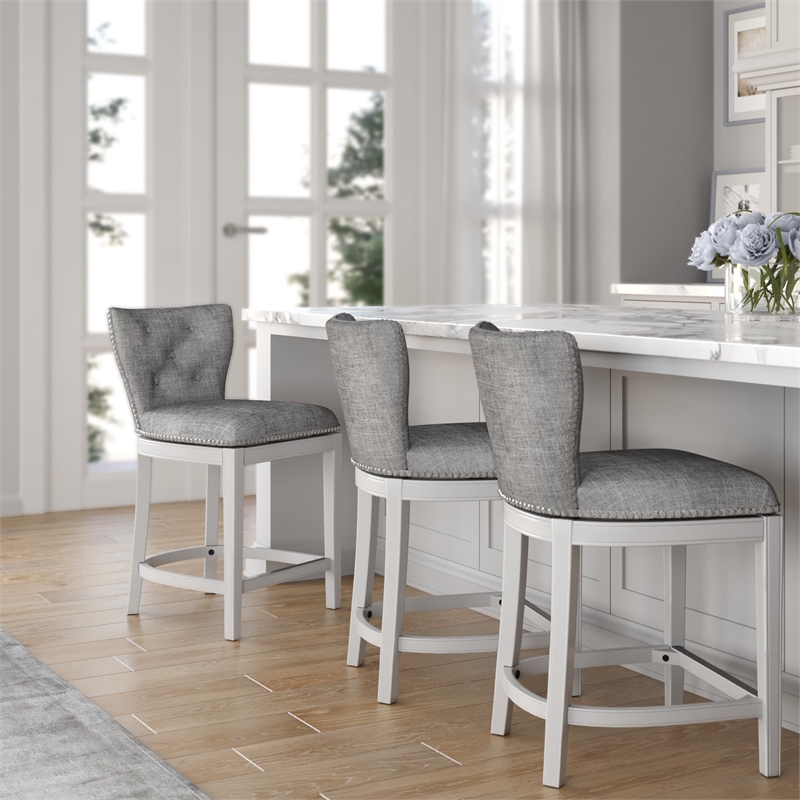 Stella 26in. Counter-Height White Swivel Bar Stool with Gray Upholstery