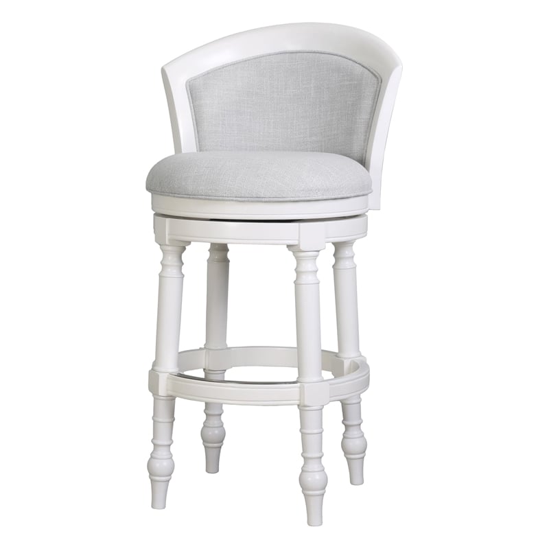 Emily 31in. White Wood Barrel-Back Swivel Bar Stool with Light Gray Upholstery