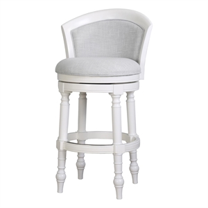Emily 31in. White Wood Barrel-Back Swivel Bar Stool with Light Gray Upholstery