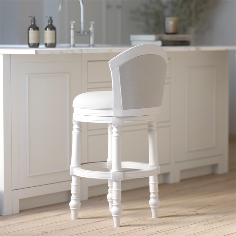 Emily 31in. White Wood Barrel-Back Swivel Bar Stool with Light Gray Upholstery