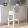 Emily 31in. White Wood Barrel-Back Swivel Bar Stool with Light Gray Upholstery