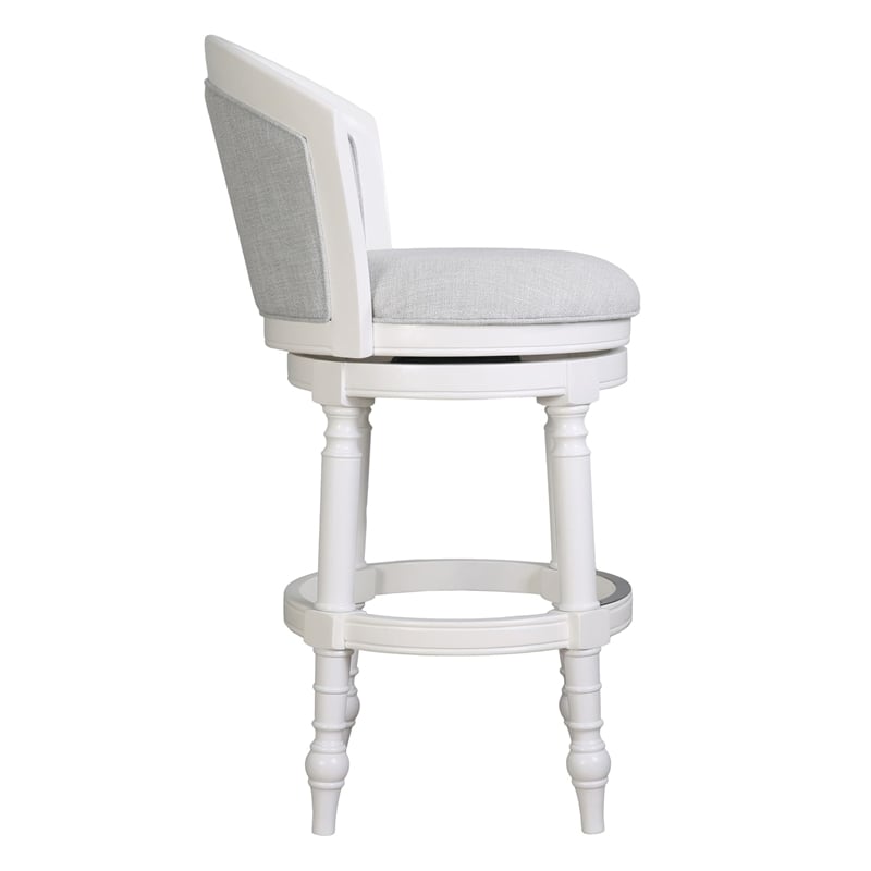Emily 31in. White Wood Barrel-Back Swivel Bar Stool with Light Gray Upholstery