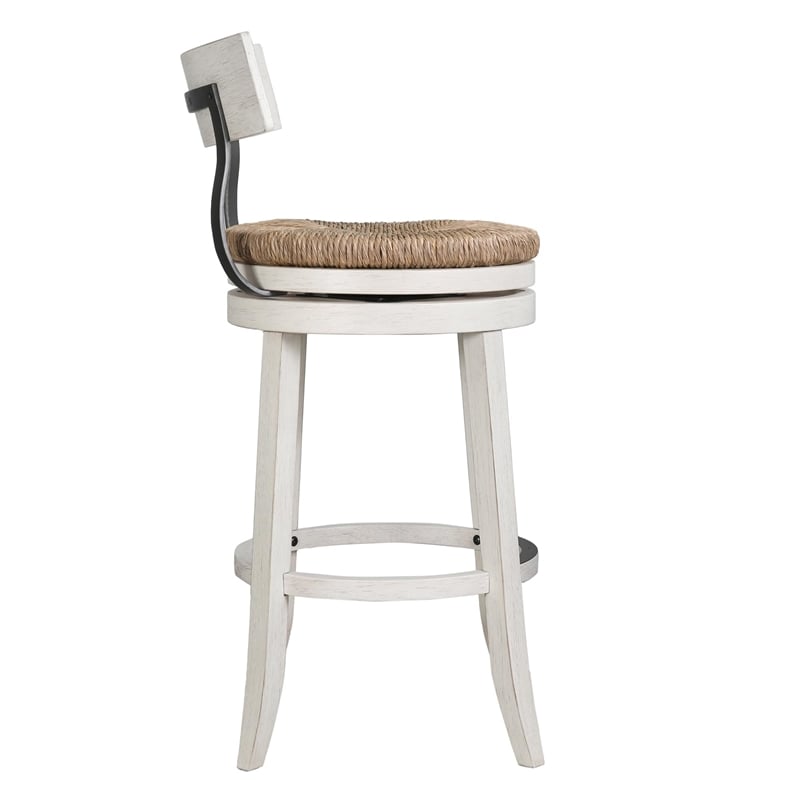 Farmhouse 31in. Reclaimed White Bar-Height Bar Stool and Natural Seagrass Seat