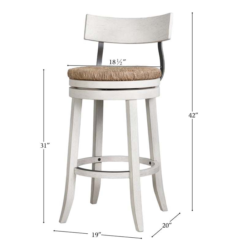 Farmhouse 31in. Reclaimed White Bar-Height Bar Stool and Natural Seagrass Seat