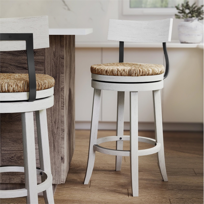 Farmhouse 26in. Recalimed White Counter-Height Stool and Natural Seagrass Seat