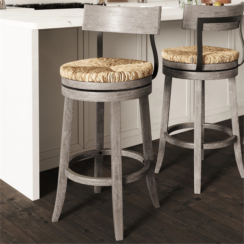 Farmhouse 31in. Reclaimed Gray Bar-Height Bar Stool with Natural Seagrass Seat