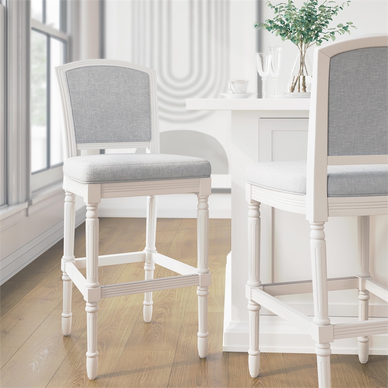 Charleston 31in. White Bar-Height Bar Stool with Gray Upholstery