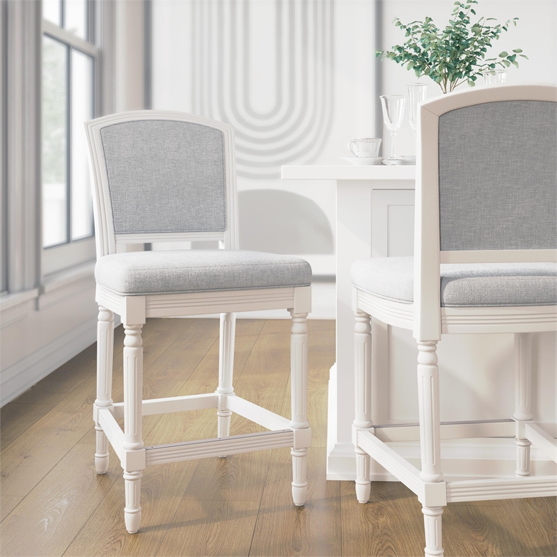Charleston 26in. White Counter-Height Bar Stool with Gray Upholstery