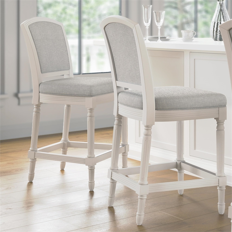 Charleston 26in. White Counter-Height Bar Stool with Gray Upholstery