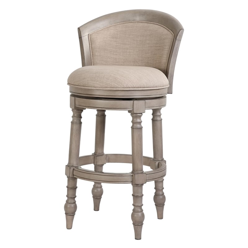 Emily 31in. Barrel-Back Swivel Bar Stool- Gray with Beige Upholstery
