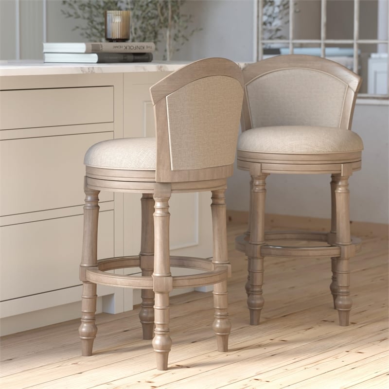 Emily 31in. Barrel-Back Swivel Bar Stool- Gray with Beige Upholstery