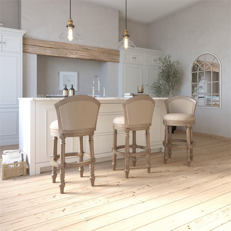 Emily 31in. Barrel-Back Swivel Bar Stool- Gray with Beige Upholstery