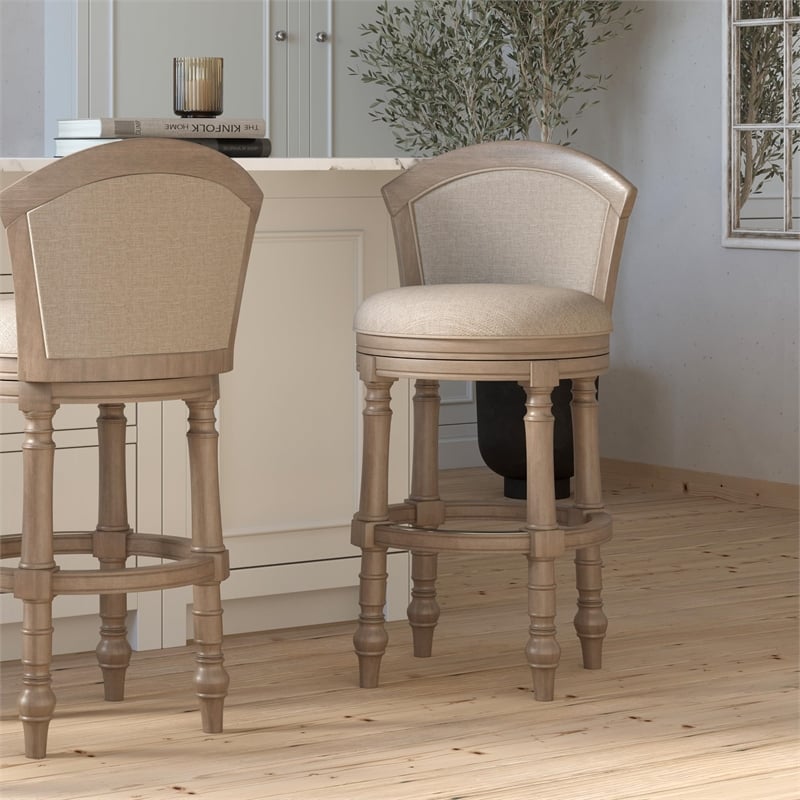 Emily 26in. Barrel-Back Swivel Counter-Height Stool- Gray with Beige Upholstery