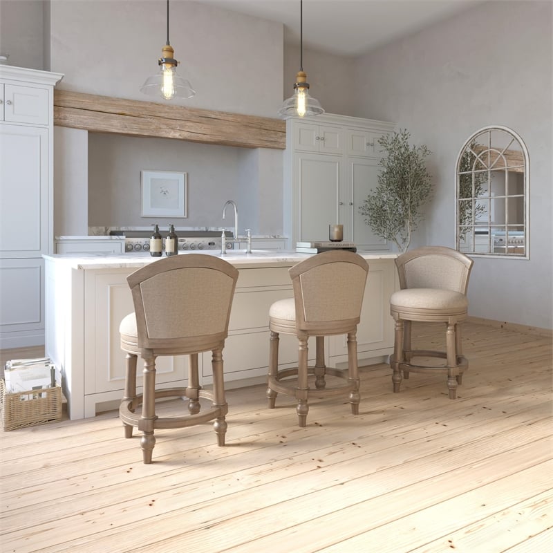 Emily 26in. Barrel-Back Swivel Counter-Height Stool- Gray with Beige Upholstery