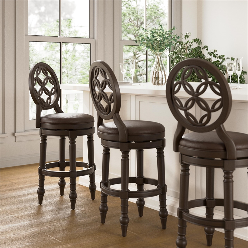 Upholstered 26in. Counter-Height Stool with Back and Swivel- Distressed Walnut