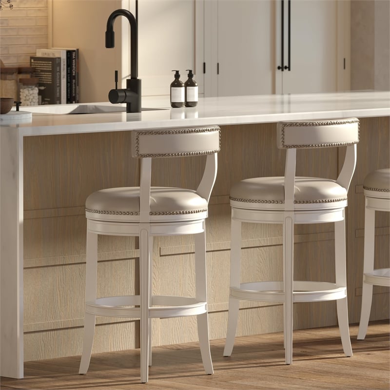 Pasha 31in. Bar-Height Bar Stool- White with Gray Faux Leather Seat and Back