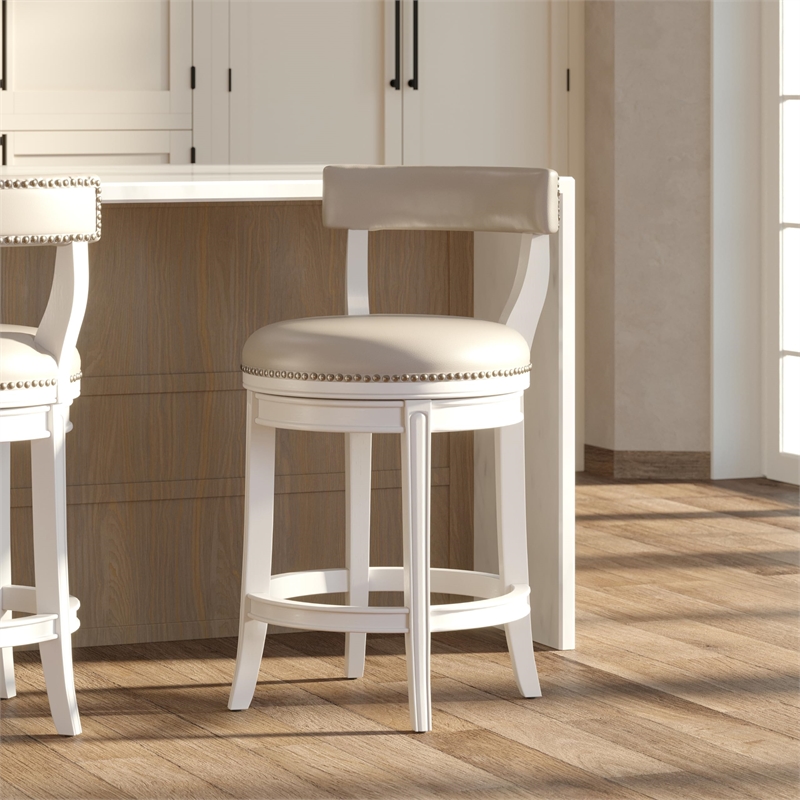 Pasha 26in. Counter-Height Swivel Bar Stool- White with Gray Faux Leather Seat